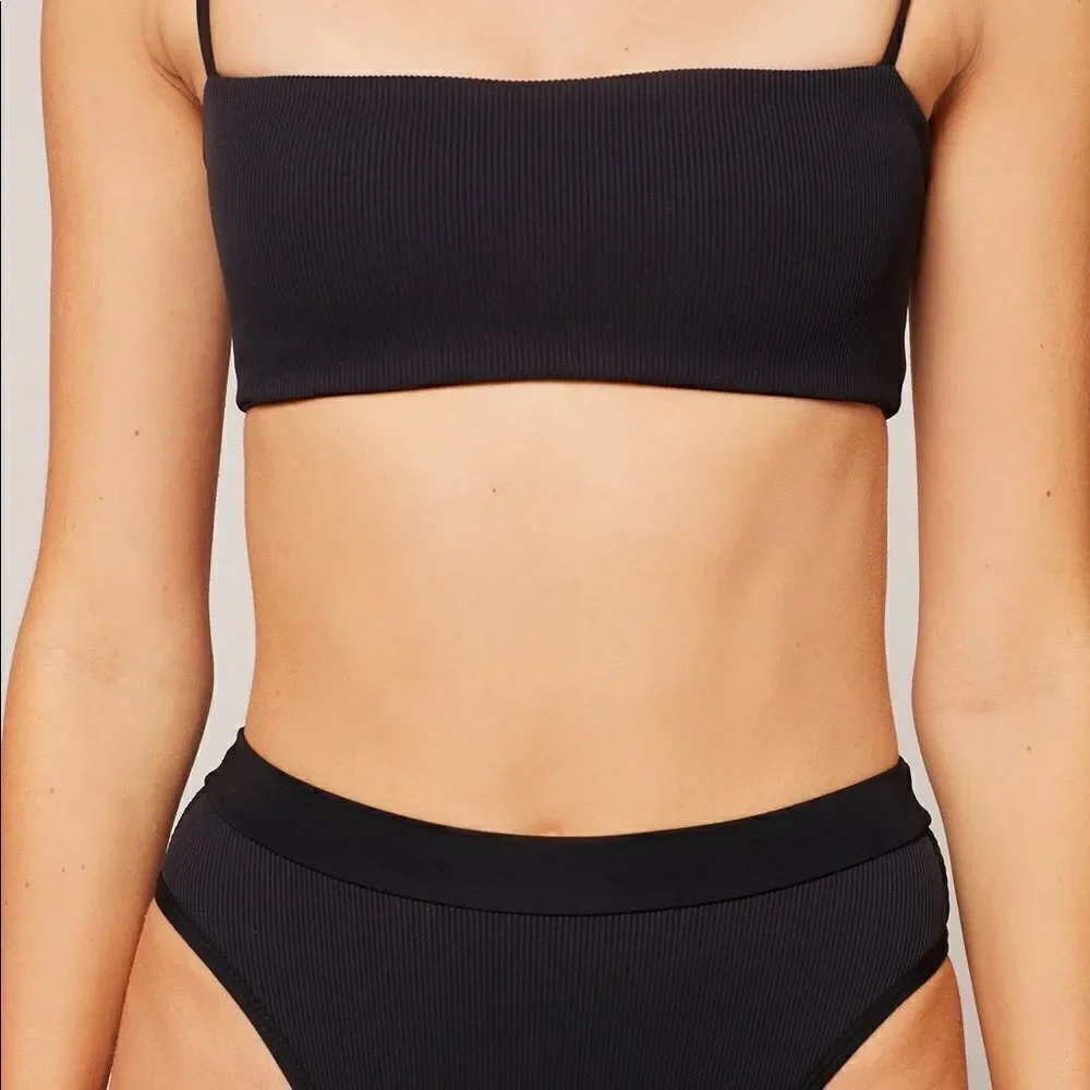 L*SPACE BLACK PORTIA HIGH WAIST BITSY CUT BIKINI.